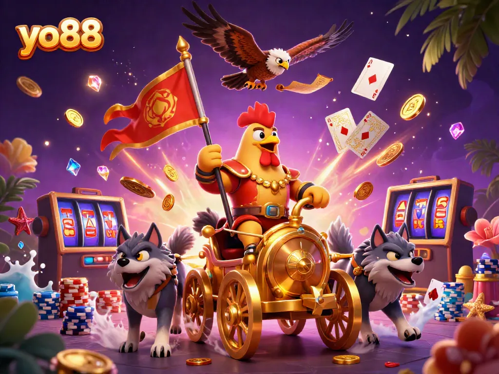 Engage with the thrilling action of yo88's online casino featuring a rooster warlord and magical elements.