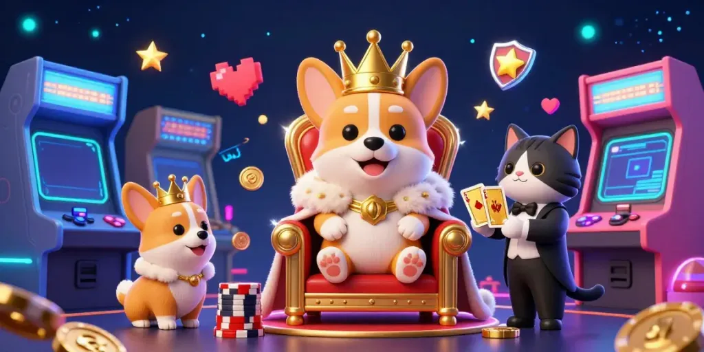 Experience the excitement of mubet with a majestic royal corgi and colorful gaming elements in a casino setting.