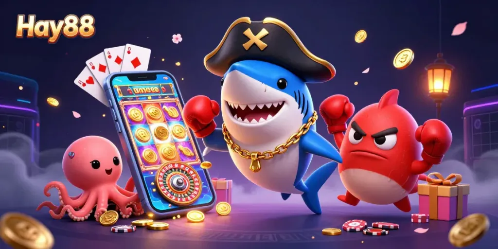 Engage with the thrilling atmosphere of Hay88, featuring a pirate shark, pufferfish, and octopus amongst a vibrant casino scene.