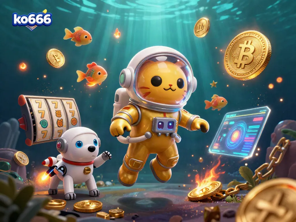 Join the cosmic adventure with ko666 at this 3D casino scene featuring a space astronaut cat and winning elements.