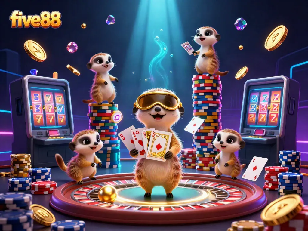 Experience the excitement at five88 with playful meerkats running a vibrant casino filled with games and treasures.
