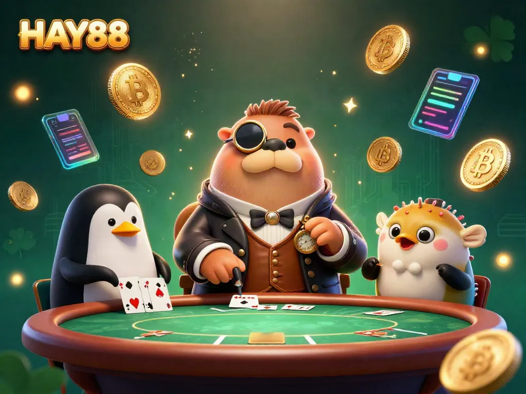 Experience the thrill of HAY88 poker with the walrus, penguin dealer, and pufferfish in an underwater scene.