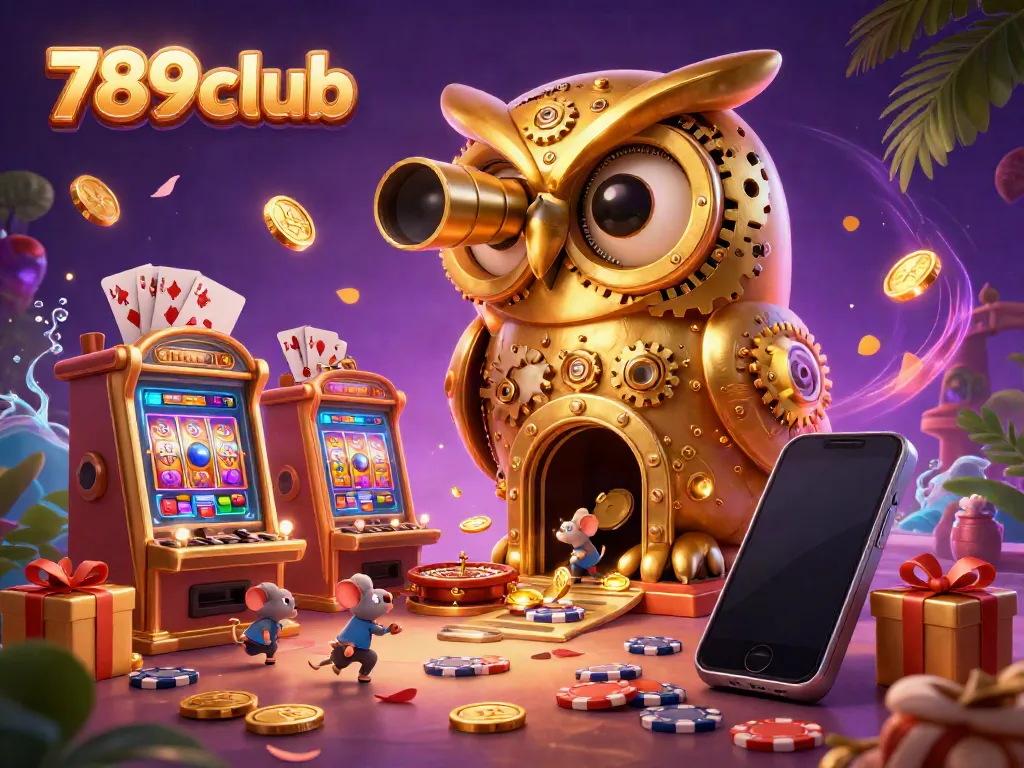 Experience thrilling action at 789club's vibrant casino with golden owls, slot machines, and casino elements.