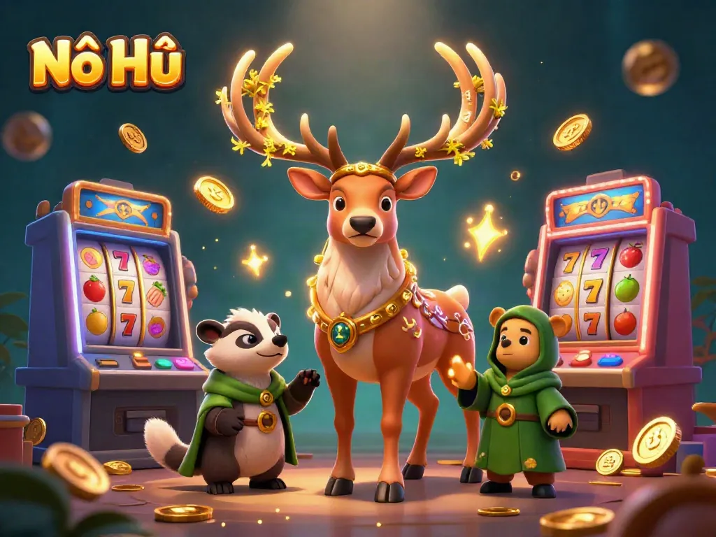 Engaging scene of Nổ Hũ with a mystical stag and badger amidst vibrant slot machines and gold coins.