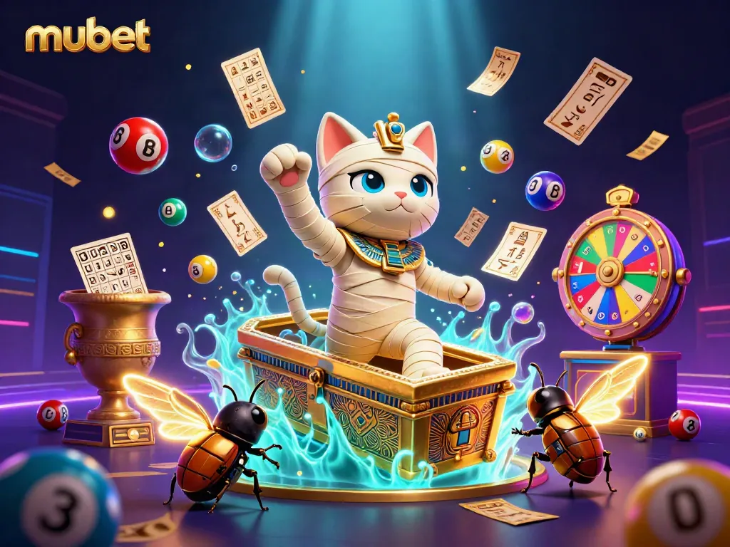 Engage in thrilling slots at mubet with a vibrant casino scene featuring a mummy cat and dynamic games.