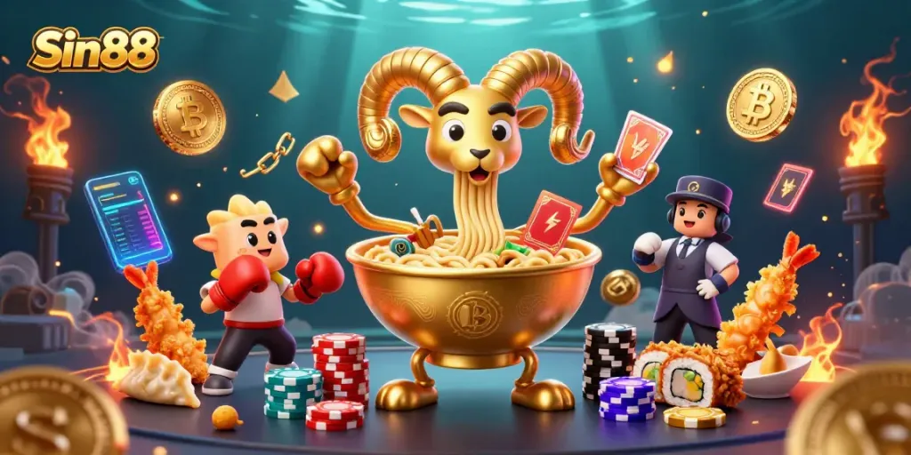 Sin88 welcomes players at a vibrant casino with animated characters and exciting game elements.