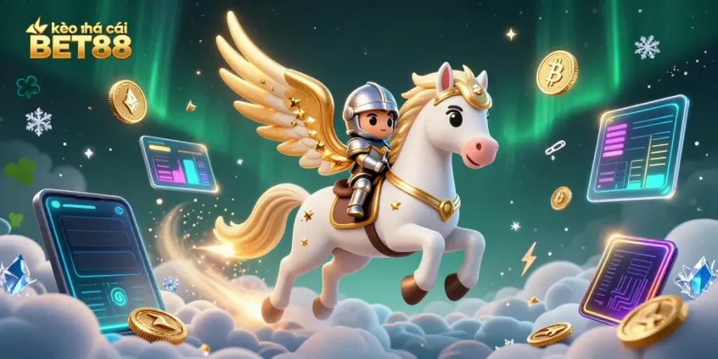 Engage with kèo nhà cái BET88 as a celestial knight explores a magical casino realm.