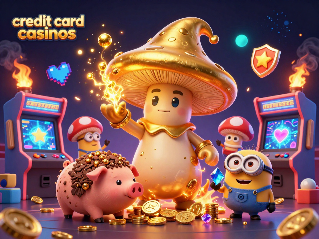 Engage with exciting credit card casinos featuring golden elements and magical gaming experiences in this vibrant scene.