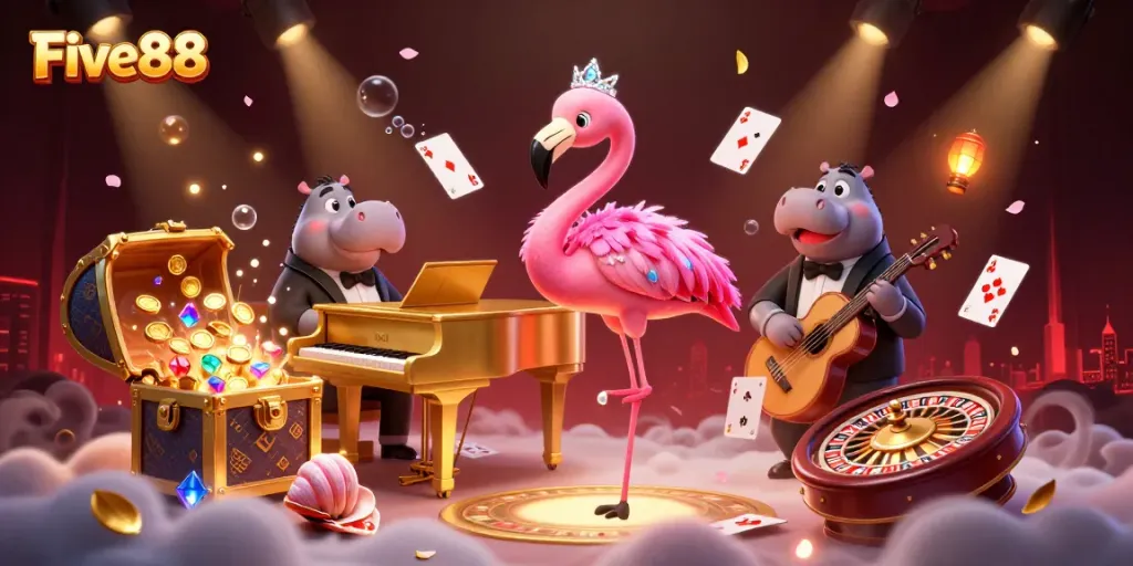 Engage with Five88's vibrant casino scene featuring dynamic characters and exciting game elements.