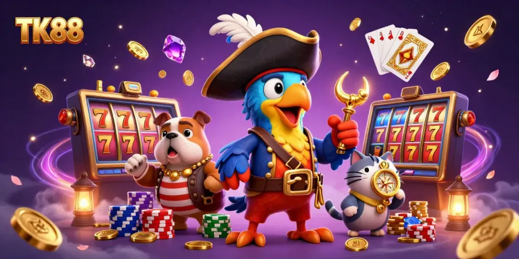 Experience thrilling casino action with TK 88, featuring cartoon pirate characters amidst vibrant slot machines and sparkling prizes.