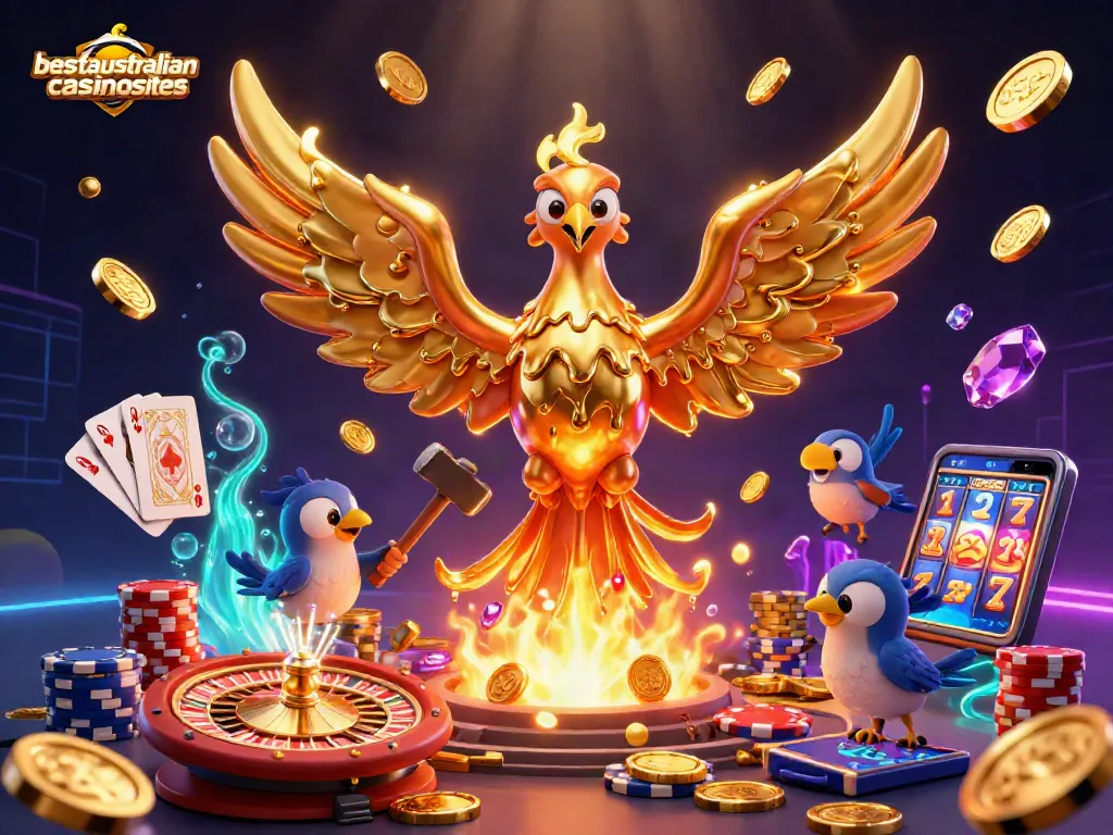Engage with the leading crypto casinos at bestaustraliancasinosites featuring vibrant gaming elements and a dynamic golden phoenix.