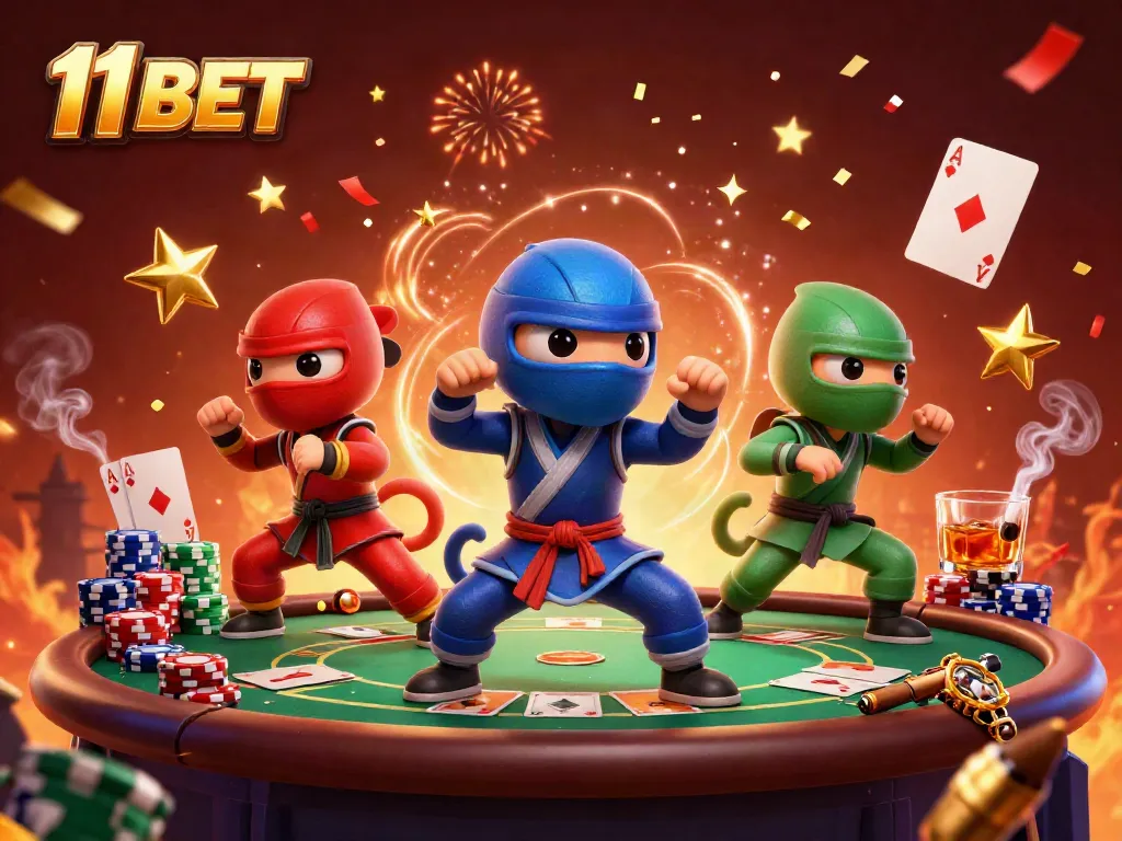 Engage with 11 BET's thrilling action featuring dynamic chameleon ninjas in a vibrant casino scene.