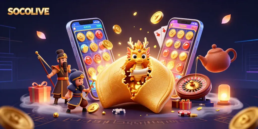 SOCOLIVE's vibrant 3D illustration showcases a golden fortune cookie with game elements, enhancing online gaming excitement
