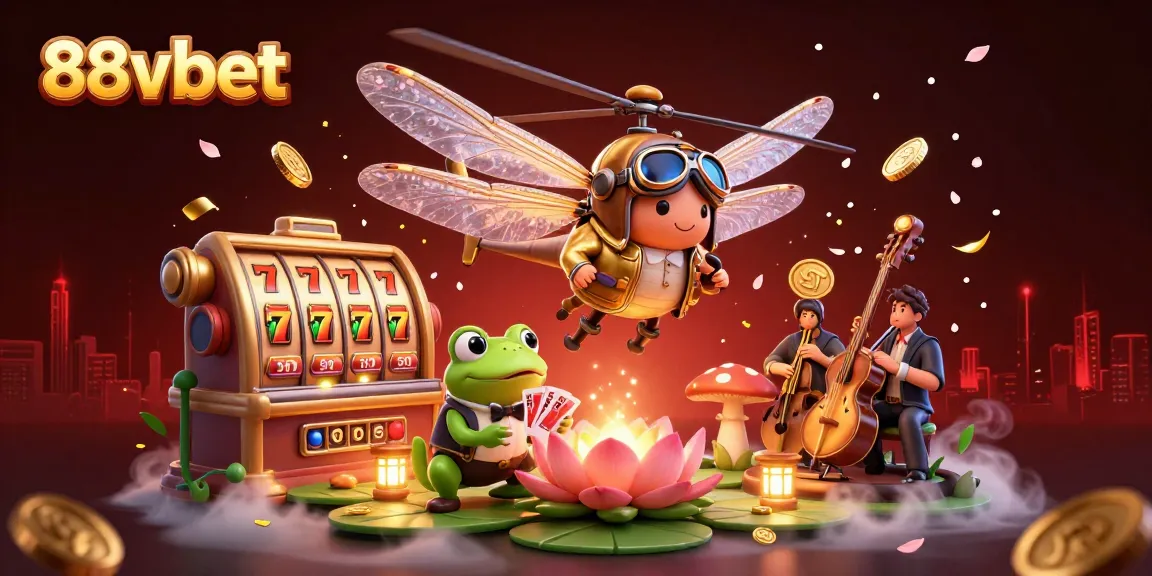 Experience the thrill of 88vbet with a lively casino scene featuring a dragonfly pilot and a frog croupier.