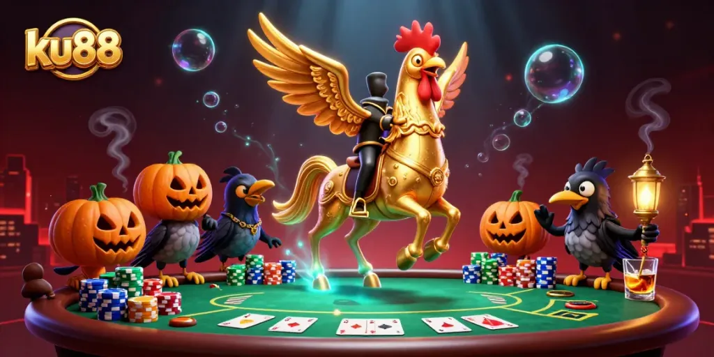 ku88 casino illustration featuring a golden rooster headless horseman in a vibrant casino scene