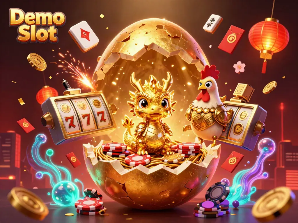 Engage with Demo Slot’s vibrant 3D casino illustration featuring a golden dragon on poker chips.