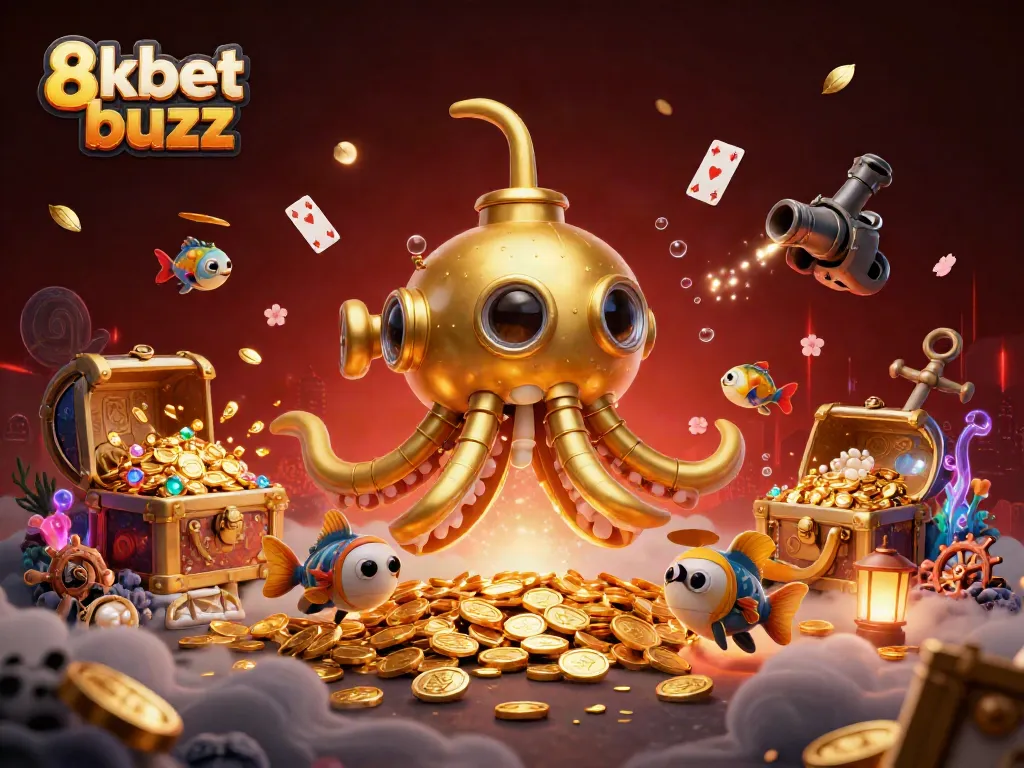 Engage with the exciting 8kbet buzz, featuring a golden kraken submarine surrounded by treasures in a rich casino theme.