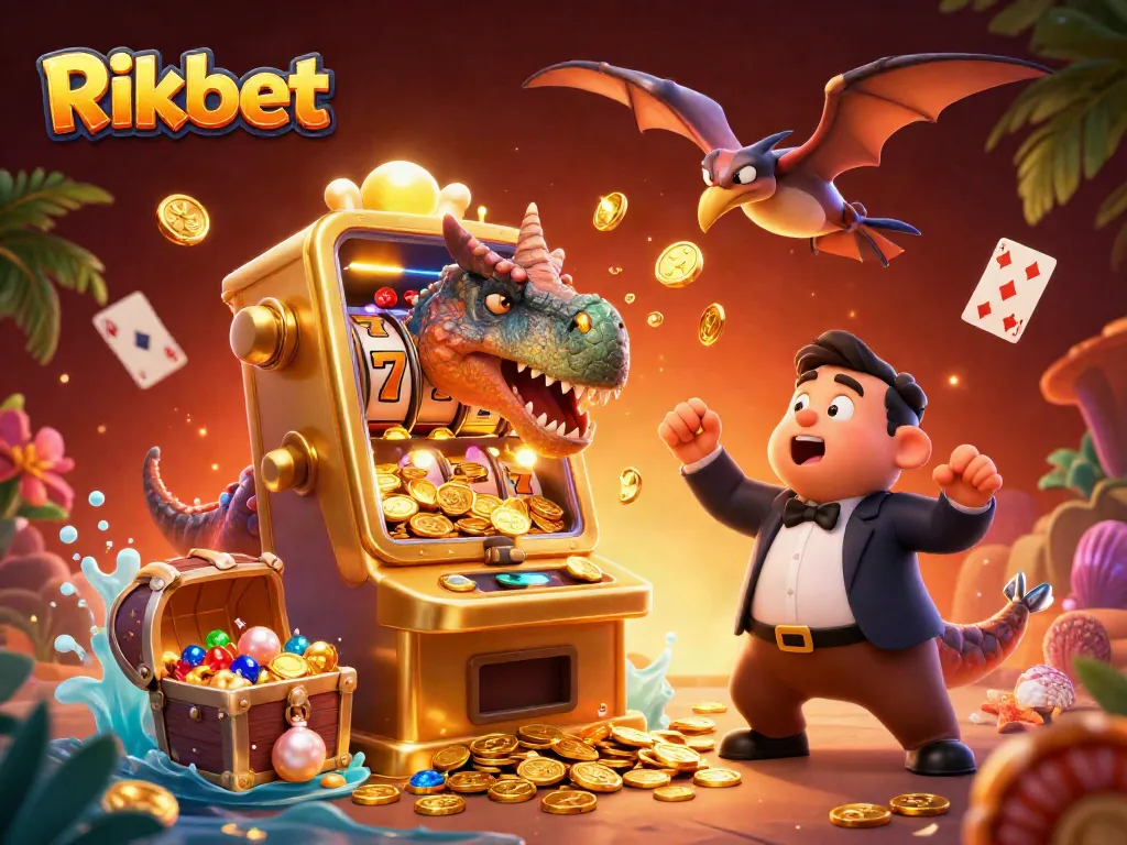 Experience the thrilling action of Rikbet as a cartoon dinosaur interacts with a jackpot slot machine, surrounded by vibrant casino elements.