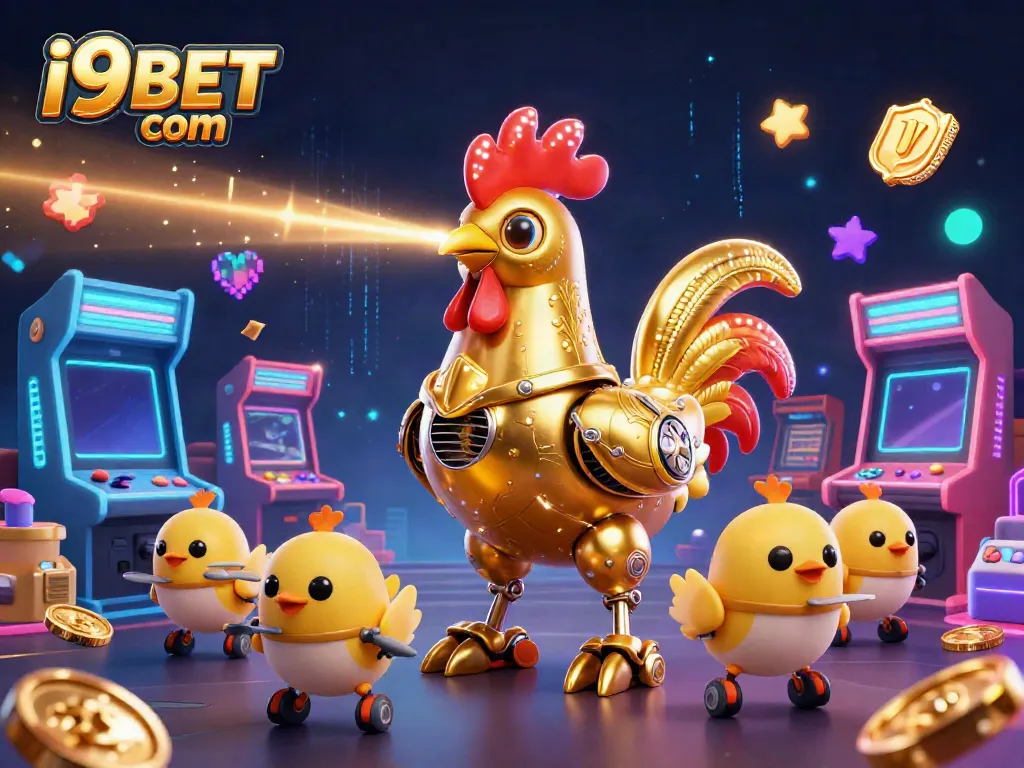 Engage with i9BET com's unique gaming experience featuring a golden rooster robot and arcade games.