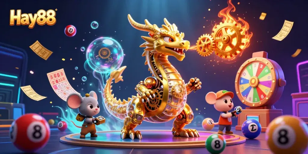 Engage in exciting games at Hay88, amid vibrant lottery elements and an enchanting golden dragon.