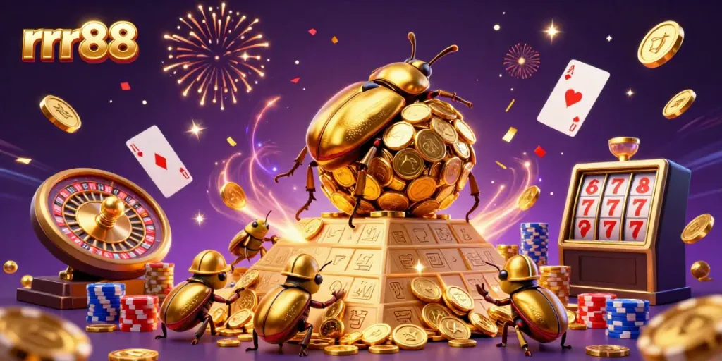 Experience thrilling action with rrr88 as a golden beetle rolls coins in a vibrant casino scene.