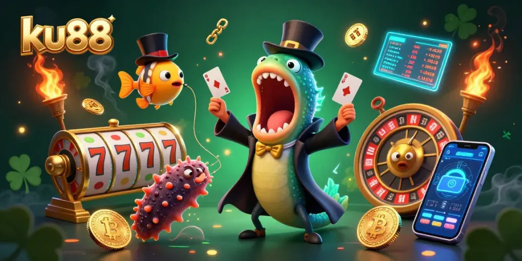 Experience the thrill of ku88 with a vibrant casino-themed 3D illustration showcasing card tricks and magic.