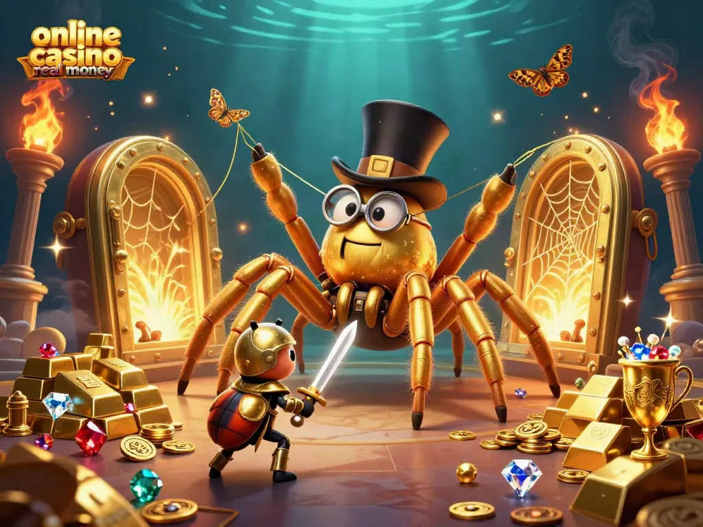 Experience the thrill of online casino real money with a golden tarantula and beetle knight in action.