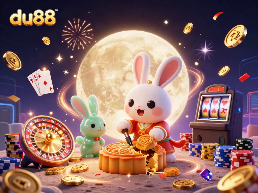 Experience winning at du88 with a 3D cartoon moon rabbit celebrating on a vibrant lunar surface with poker chips and coins.